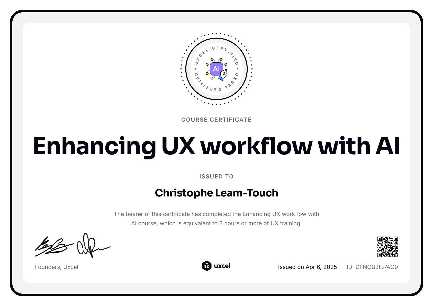Christophe Leam-Touch's certificate